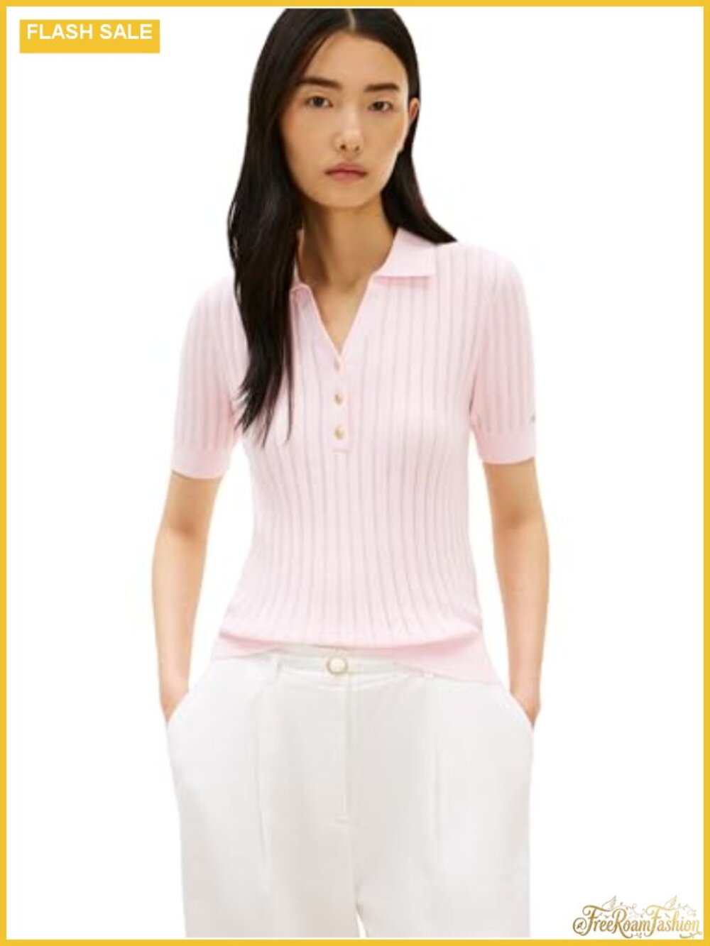 Cotton Polo Sweater Pointelle Ribbed Knit V Neck Short Sleeve Top